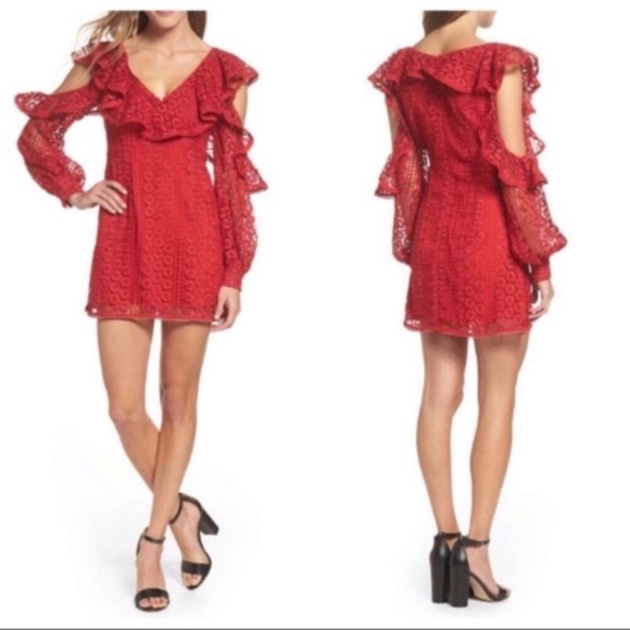 French Connection Red Lace Cold Shoulder Dress - Picture 2 of 8